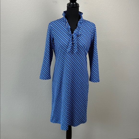 J. McLaughlin Catalina Cloth Dress Ruffneck Ruffle Bow Blue Lattice Pattern M - Picture 1 of 7